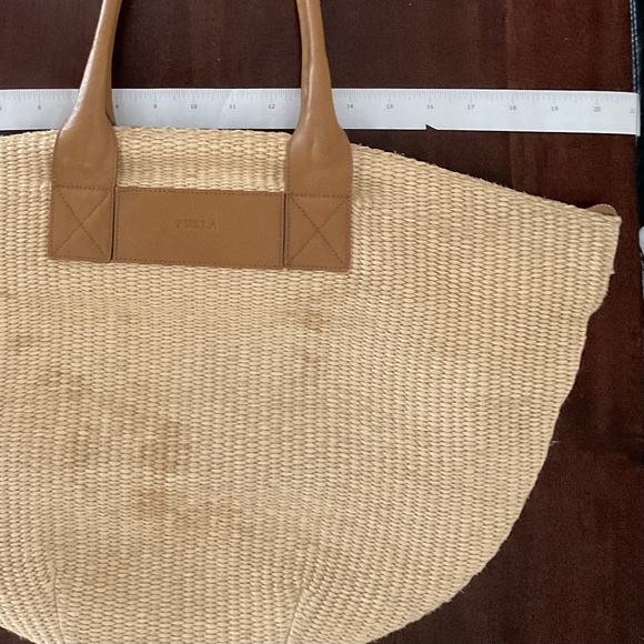 Authentic FURLA - Cream Straw Brown Leather Handbag - Picture 14 of 15